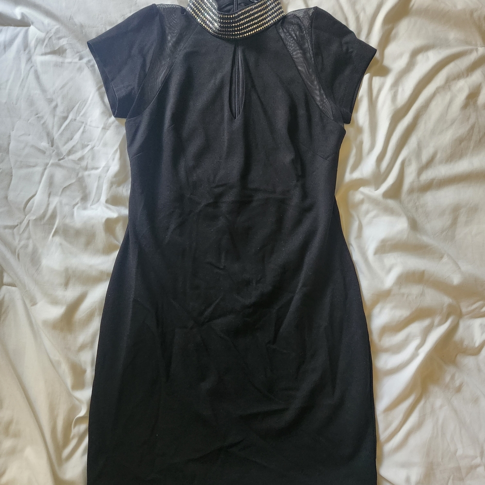 Bebe Blue and Black Sheath Dress Mock Neck Cap Sleeve